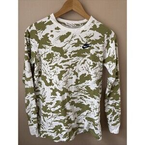 Nike Boys YXL White Olive Navy Camo Shirt Long Sleeve Dri-Fit Athletic Tee